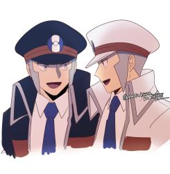 2boys black_coat black_hat blue_necktie brothers coat collared_coat collared_shirt commentary_request cropped_torso emmet_(pokemon) eye_contact grey_eyes grey_hair grey_trim hat high_collar highres ingo_(pokemon) looking_at_another male_focus matsukaze_mattya multiple_boys necktie nintendo open_mouth peaked_cap pokemon pokemon_bw shirt siblings sideburns simple_background tongue twins twitter_username white_background white_coat white_hat white_shirt wing_collar