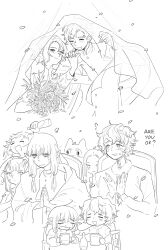 4girls 5boys absurdres bags_under_eyes blush bouquet chibi clapping crying curly_hair dark-skinned_male dark_skin dungeon_meshi elf english_text fleki flower highres holding holding_bouquet interlocked_fingers kabru kuro_(dungeon_meshi) lazy_eye lumpia_at_kanin male_focus milsiril mithrun mithrun&#039;s_brother monochrome multiple_boys multiple_girls notched_ear pattadol pointy_ears rin_(dungeon_meshi) shirt short_hair sweatdrop tearing_up uneven_eyes wavy_hair wedding yaoi