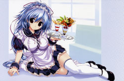1girl blue_hair breasts female_focus food large_breasts mitsumine_minato oshiki_hitoshi parfait shoes solo suzunone_seven thighhighs tray waitress white_thighhighs zettai_ryouiki