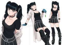 1girl abigail_sciuto animification belt_boots black_hair black_shirt black_skirt black_thighhighs blue_gloves blunt_bangs boots bracelet breasts cleavage collar commentary gloves goth_fashion highres holding holding_vial jewelry jourd4n knee_boots lab_coat long_hair looking_at_viewer medium_breasts multiple_views ncis platform_boots safety_glasses shirt simple_background skirt smile spiked_bracelet spiked_collar spikes thighhighs thighhighs_under_boots twintails vial white_background