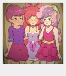 2024 20s 3girls apple_bloom bare_shoulders blush bow bowtie breasts casual child cleavage collarbone cutie_mark_crusaders dress green_eyes hair_bow hair_ornament hasbro highres indoors long_hair looking_at_viewer matching_hair/eyes multiple_girls my_little_pony my_little_pony:_equestria_girls my_little_pony:_friendship_is_magic open_mouth photo_(object) pink_hair polygamy purple_eyes purple_hair red_hair rockset scootaloo short_hair small_breasts smile standing sweetie_belle thighs very_long_hair
