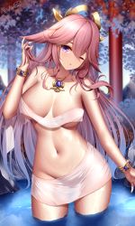 1girl animal_ears bare_shoulders bathing blush bracelet breasts cleavage fox_ears genshin_impact hair_ornament highres jewelry large_breasts long_hair looking_at_viewer navel necklace nude one_eye_closed open_mouth pendant pink_hair purple_eyes sidelocks thighs towel very_long_hair water wet wsman yae_miko