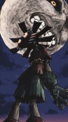 1boy absurdres belt cloud cloudy_sky dusk gloves glowing glowing_eyes gus_uur highres majora_(entity) male_focus mask moon_(zelda) night night_sky nintendo red_shirt shirt shoes short_sleeves shorts skull_kid sky spikes standing teeth the_legend_of_zelda the_legend_of_zelda:_majora&#039;s_mask watermark