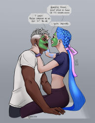 1boy 1girl alternate_hairstyle arcane:_league_of_legends arcane_jinx arm_tattoo beauty_mask blue_nails braid brown_pants cloud_tattoo commentary crop_top cropped_shirt dark-skinned_male dark_skin dreadlocks ekiviw ekko_(league_of_legends) english_commentary english_text firelight_ekko highres jinx_(league_of_legends) league_of_legends midriff pants parted_lips ponytail scrunchie shirt signature sitting skincare smile t-shirt tattoo twitter_username wrist_scrunchie