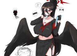 1boy 2girls armband black_gloves black_hair black_serafuku black_shirt black_skirt black_thighhighs black_wings blue_archive blush breasts cheng_anderson choker cleavage collarbone demon_horns doodle_sensei_(blue_archive) feathered_wings garter_straps gloves glowing glowing_eyes hair_between_eyes halo hasumi_(blue_archive) highres holding holding_tablet_pc horns huge_breasts long_hair long_hair_between_eyes long_skirt looking_down low_wings mole mole_under_eye multiple_girls navel necktie ponytail red_armband red_eyes red_halo red_necktie sailor_collar school_uniform sensei_(blue_archive) serafuku shirt silhouette skirt tablet_pc thighhighs very_long_hair white_sailor_collar wings yuuka_(blue_archive)
