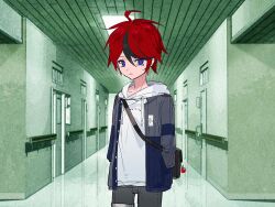 1boy ahoge black_hair black_pants blue_eyes blue_jacket closed_mouth collarbone drawstring frown grey_jacket hair_between_eyes hands_in_pockets highres hood hoodie jacket looking_at_viewer male_focus messy_hair multicolored_eyes multicolored_hair multicolored_jacket pants parody red_eyes red_hair saya_no_uta solo solo_focus streaked_hair style_parody sumino_takumi the_hundred_line_-last_defense_academy- white_hoodie