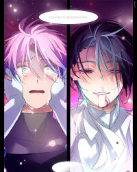 Rule 34 | 2boys, alien stage, black hair, black shirt, blood, blood from mouth, commentary, crying, crying with eyes open, earrings, english commentary, genderswap, genderswap (ftm), gloves, gradient hair, hands on another&#039;s face, highres, jewelry, male focus, mizi (alien stage), multicolored hair, multiple boys, nosebleed, open mouth, pink hair, purple eyes, purple hair, sazare (sazozo0), shirt, short hair, sua (alien stage), symbol-only commentary, tears, two-tone hair, white gloves, white shirt, yellow eyes
