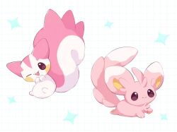 Rule 34 | alternate color, appyon (archangel ayp), closed mouth, commentary, full body, gen 4 pokemon, gen 5 pokemon, minccino, nintendo, no humans, one eye closed, open mouth, pachirisu, pink eyes, pokemon, pokemon (creature), shiny pokemon, smile, symbol-only commentary