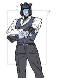 ? assault_visor autobot belt black_belt clothed_robot collared_shirt commentary grey_pants highres jazz_(transformers) mecha pants parted_lips pinstripe_pattern pinstripe_vest robot sa_buroo shirt smile solo symbol-only_commentary transformers transformers:_generation_1 vest white_shirt