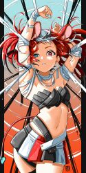 1girl absurdres alternate_eye_color animal_ears arms_up automatic_giraffe bandages bandeau black_bandeau black_hair blue_eyes bow breasts cleavage commentary contrapposto cowboy_shot english_commentary eyebrows_hidden_by_hair hakos_baelz heterochromia highres hololive hololive_english miniskirt mouse_ears mouse_girl mouse_tail multicolored_hair navel pleated_skirt red_hair signature skirt small_breasts solo streaked_hair tail tail_bow tail_ornament virtual_youtuber white_hair
