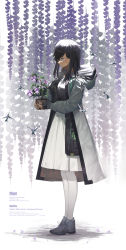 1girl absurdres arknights bandaid bandaid_on_face bird black_gloves black_hair black_shirt blue_eyes commentary_request dark-skinned_female dark_skin english_text fingerless_gloves flint_(arknights) flint_(gorgeous_flower)_(arknights) flower flower_pot gloves hair_over_one_eye highres holding holding_flower_pot holding_pot hummingbird jacket long_hair official_alternate_costume pantyhose pot purple_flower shirt skirt solo vchan white_pantyhose white_skirt wisteria