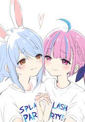 2girls ahoge animal_ear_fluff animal_ears blue_hair blue_ribbon braid clothes_writing commentary_request eye_contact hair_ribbon heart highres holding_hands hololive interlocked_fingers kiritoma long_hair looking_at_another minato_aqua multicolored_hair multiple_girls orange_eyes pink_hair purple_eyes rabbit-shaped_pupils rabbit_ears ribbon shirt short_eyebrows short_sleeves simple_background streaked_hair symbol-shaped_pupils thick_eyebrows upper_body usada_pekora virtual_youtuber white_background white_shirt