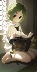 1girl absurdres ahoge barefoot book closed_mouth elf green_hair highres holding holding_book hood hood_down hooded_jacket indoors jacket looking_at_viewer mushoku_tensei pointy_ears red_eyes short_hair shorts sitting solo songchuan_li sylphiette_(mushoku_tensei) toes white_jacket window yokozuwari