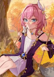 1girl absurdres bare_shoulders blue_eyes breasts coat commentary cyrene_(honkai:_star_rail) dress hair_ornament highres honkai:_star_rail honkai_(series) jewelry looking_at_viewer multicolored_hair necklace on_swing outdoors pink_hair pink_pupils purple_coat small_breasts smile solo swing tbbrian_1 tree two-tone_hair white_dress white_hair