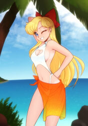1girl aino_minako bishoujo_senshi_sailor_moon blonde_hair blue_eyes bow breasts clothing_cutout heart_cutout highres long_hair medium_breasts one-piece_swimsuit one_eye_closed red_bow scorpdk see-through_clothes swimsuit teeth very_long_hair water wink