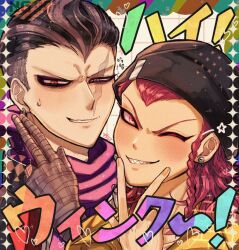 2boys bandaged_hand bandages beanie black_hat blush danganronpa_(series) danganronpa_2:_goodbye_despair earrings grey_eyes hat heart heterochromia jewelry male_focus medium_hair multiple_boys pink_eyes pink_hair purple_scarf red_eyes scar scar_across_eye scar_on_face scarf sharp_teeth short_hair small_sweatdrop smile soda_kazuichi surudoitokage tanaka_gundham teeth upper_body w