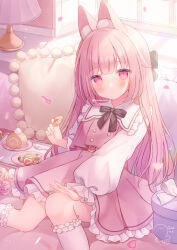1girl animal_ear_fluff animal_ears belt belt_buckle black_bow black_bowtie blush bow bowtie box bubble_skirt buckle buttons candy chocolate chocolate_heart cinnamon_roll closed_mouth commentary_request croissant dated double-breasted falling_petals feet_out_of_frame flower food fork frilled_pillow frilled_skirt frilled_socks frills gift gift_box hair_bow hand_on_own_knee heart heart-shaped_food highres holding holding_food indoors knee_up kneehighs lamp lampshade light_particles long_hair long_sleeves looking_at_viewer omochi_monaka on_bed original petals pillow pink_belt pink_eyes pink_flower pink_hair pink_petals pink_rose pink_skirt pink_vest plate puffy_long_sleeves puffy_sleeves rabbit_ears rabbit_girl rose saucer shirt sidelocks signature single_sleeve_past_wrist sitting skirt sleeve_rolled_up socks solo sunlight sweets tray twitter_username very_long_hair vest white_bow white_shirt white_socks window window_shadow