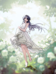 1girl :d absurdres alternate_costume bare_shoulders black_hair breasts chinese_commentary commentary_request dress facing_viewer feather_hair full_body hair_intakes highres kohane_kun medium_breasts open_mouth parted_bangs shoes sleeveless sleeveless_dress smile solo tacet_mark_(wuthering_waves) white_dress white_shoes wuthering_waves yangyang_(wuthering_waves)