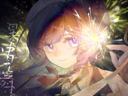 Rule 34 | 1girl, arm up, black hat, bow, braid, brown hair, chinese commentary, chromatic aberration, close-up, closed mouth, commentary request, fireworks, hair bow, hat, heroine (lovebrush chronicles), highres, holding, holding fireworks, light particles, looking at viewer, lovebrush chronicles, mie dan guan bing, pink eyes, red bow, smile, solo, sparkle, sparkler, upper body, watermark