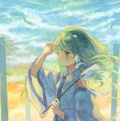 1girl absurdres acrylic_paint_(medium) blush cloud cloudy_sky commentary_request detached_sleeves frog_hair_ornament gohei green_eyes green_hair hair_ornament hair_tubes highres holding holding_gohei kochiya_sanae long_hair one_eye_closed outdoors painting_(medium) sasami_(shiroi_fuwafuwa) single_hair_tube sky snake_hair_ornament solo touhou traditional_media