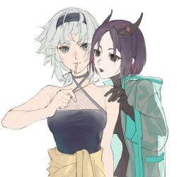 2girls black_bodysuit black_eyes black_hair bodysuit buyaozaoqi clothes_around_waist colored_inner_hair criss-cross_halter detached_horns fate/grand_order fate/samurai_remnant fate_(series) feeding green_eyes hairband halterneck highres hood hood_down hooded_jacket fake_horns jacket jacket_around_waist kishimen_hair low_ponytail multicolored_hair multiple_girls open_mouth parted_bangs ponytail red_hair see-through_clothes see-through_jacket sleeveless ushi_gozen_(avenger)_(fate) ushi_gozen_(fate) white_background white_hair yui_shousetsu_(exhibition_attire)_(fate)