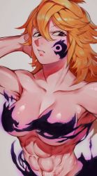 1girl abs arms_behind_head aura black_eyes breasts brown_eyes cleavage convenient_censoring demon_girl derieri energy female_focus glowing highres ibuo_(ibukht1015) injury living_shadow looking_away looking_to_the_side midriff monster_girl muscular muscular_female nanatsu_no_taizai navel nude orange_hair scar simple_background solo