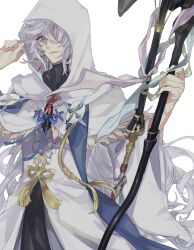 1boy ayanolity commentary_request fate/grand_order fate_(series) grey_hair hair_over_one_eye holding holding_staff hooded_robe long_hair male_focus merlin_(fate) robe solo staff turtleneck very_long_hair white_robe wide_sleeves