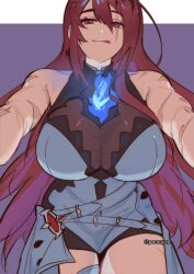 1girl :q absurdres blue_fire breasts elizabeth_rose_bloodflame fire fire_on_chest highres hololive hololive_english huge_breasts long_hair looking_at_viewer pomuya red_eyes red_hair scar scar_on_arm solo tongue tongue_out virtual_youtuber