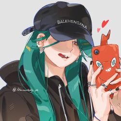 Rule 34 | 1girl, baseball cap, earrings, grey background, grey hair, hat, highres, holding, holding phone, hood, hoodie, jewelry, long hair, nail polish, nanaasuzy, nintendo, phone, piercing, pokemon, pokemon sv, red eyes, rika (pokemon), ring, rotom, rotom phone, simple background, solo, tongue piercing