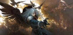 1boy armor bangle bird black_coat black_gloves black_wings bracelet chest_strap coat crow final_fantasy final_fantasy_vii final_fantasy_vii_rebirth final_fantasy_vii_remake fire flaming_sword flaming_weapon gloves grey_hair highres holding holding_sword holding_weapon jewelry long_bangs long_hair male_focus parted_bangs pauldrons ruanjia sephiroth shoulder_armor single_wing slit_pupils solo sword upper_body weapon wings