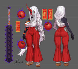 1girl absurdres artist_name ass bandaged_arm bandages black_skin breasts cleavage colored_skin commission full_body grey_background grey_skin highres horns japanese_clothes large_breasts long_hair looking_at_viewer magic multicolored_skin off_shoulder original parted_lips ponytail red_eyes red_horns reference_sheet sandals simple_background solo ti_tentacle two-tone_skin very_long_hair weapon white_hair