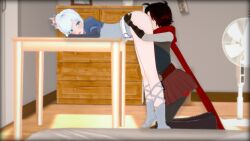 2girls bent_over blue_eyes cape clothed_sex cunnilingus gloves highres multiple_girls nyxxzeiss oral red_hair ruby_rose rwby tiptoes weiss_schnee white_hair yuri