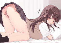 1girl artist_name ass black_skirt black_socks blush breast_press breasts brown_hair brown_sweater_vest feet_out_of_frame grey_eyes imminent_penetration large_breasts long_hair looking_at_viewer mao-chan_(uramakaron) on_bed original paid_reward_available panties pillow pink_panties plaid_clothes plaid_skirt red_pupils shirt simple_background skirt smile socks solo sweater_vest thighs top-down_bottom-up underwear uramakaron white_shirt