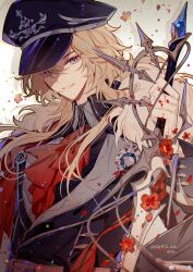 1boy absurdres ascot belt black_cape black_coat black_hat black_shirt blonde_hair blood blood_on_clothes blood_on_gloves blue_eyes brown_belt cape coat collared_shirt dated falling_petals flower fur-trimmed_cape fur_trim gloves hat highres holding holding_sword holding_weapon lapels lars_rorschach lars_rorschach_(infinite_empire) long_hair long_sleeves looking_at_viewer lovebrush_chronicles male_focus medal military_hat military_uniform parted_lips peaked_cap petals red_ascot red_cape red_flower red_ribbon reverse_grip ribbon shirt sleeve_cuffs solo sword upper_body watermark weapon weibo_watermark white_background white_gloves wolf_cut z6