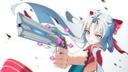 Rule 34 | 1girl, absurdres, aqua eyes, bow, carlotta (wuthering waves), chromatic aberration, closed mouth, commentary, floating hair, gun, hair bow, hazeillusts, highres, holding, holding gun, holding weapon, jacket, long hair, looking afar, looking ahead, no gloves, parted bangs, pink bow, pink jacket, simple background, smile, solo, striped bow, upper body, weapon, white background, white hair, wuthering waves