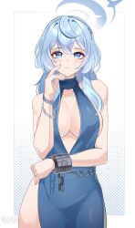 Rule 34 | 1girl, akanora, ako (blue archive), ako (dress) (blue archive), artist logo, bare shoulders, blue archive, blue dress, blue eyes, blue hair, blue halo, blush, bracelet, breasts, commentary, cuffs, dress, hair ornament, halo, highres, jewelry, large breasts, logo, looking at viewer, medium hair, multicolored halo, multiple bracelets, outside border, plunging neckline, simple background, two-tone halo