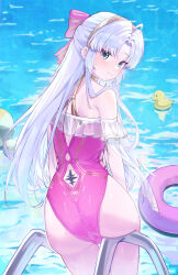 1girl ahoge aqua_eyes ass back back_cutout ball bare_shoulders beachball bow carlotta_(splashing_summer)_(wuthering_waves) carlotta_(wuthering_waves) casual_one-piece_swimsuit closed_mouth clothing_cutout cowboy_shot frilled_one-piece_swimsuit frills from_behind hair_bow long_hair looking_at_viewer looking_back off-shoulder_one-piece_swimsuit off_shoulder official_alternate_costume one-piece_swimsuit parted_bangs pink_bow pink_one-piece_swimsuit pool rubber_duck shengwr shoulder_blades sidelocks smile solo striped_bow swim_ring swimsuit tacet_mark_(wuthering_waves) very_long_hair white_hair wuthering_waves
