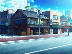 Rule 34 | artist request, blue sky, building, cloud, day, game cg, lamppost, magia record: mahou shoujo madoka magica gaiden, mahou shoujo madoka magica, no humans, official art, outdoors, road, scenery, shop, sidewalk, sky, skyscraper, street, tree