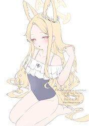 1girl adjusting_hair animal_ear_fluff animal_ears arm_at_side bare_legs bare_shoulders barefoot black_one-piece_swimsuit blonde_hair blue_archive blush breasts bright_pupils casual_one-piece_swimsuit collarbone commentary cosplay covered_navel cross_halo extra_ears flat_color flower_wreath forehead fox_ears fox_girl fox_tail frilled_one-piece_swimsuit frills groin halo hand_up head_wreath highres knees_out_of_frame long_hair looking_at_viewer miyako_(blue_archive) miyako_(blue_archive)_(cosplay) miyako_(swimsuit)_(blue_archive) momonexmomo multicolored_eyes off-shoulder_one-piece_swimsuit off_shoulder one-piece_swimsuit open_mouth parted_bangs pink_eyes seia_(blue_archive) seiza sidelocks simple_background sitting sketch slit_pupils small_breasts solo swimsuit tail thighs toes two-tone_eyes very_long_hair white_background white_pupils yellow_eyes yellow_halo
