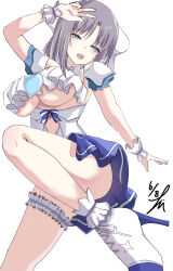1girl absurdres ass bare_shoulders blue_eyes blush bow breasts clothing_cutout grey_hair hair_bow hair_ornament high_heels highres large_breasts leg_ribbon looking_at_viewer magical_girl navel_cutout open_mouth ribbon senran_kagura simple_background skirt smile solo striped_bow takumi_munato thigh_ribbon thighs underboob waving white_background white_bow wrist_cuffs yumi_(senran_kagura)