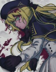 Rule 34 | 1girl, 1other, aesc (fate), beret, black gloves, blonde hair, blood, blood in hair, blood on face, blue capelet, blue hat, capelet, commentary request, death, dress, fate/grand order, fate (series), gloves, green eyes, hat, highres, hwanm fate, korean commentary, long hair, lying, on side, pool of blood, solo focus, twintails, white dress