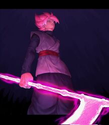 1boy black_bodysuit black_pants bodysuit dougi dragon_ball dragon_ball_super expressionless goku_black grey_eyes jewelry long_sleeves looking_at_viewer looking_down pants pink_hair red_sash ring saiyan sash scythe solo spiked_hair super_saiyan super_saiyan_rose zoey_68670