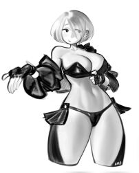 1girl absurdres angel_(kof) artist_name bra bra_pull breasts cleavage clothes_pull fingerless_gloves gloves highres jacket large_breasts legs midriff monochrome navel open_clothes open_jacket panties pulling_own_clothes short_hair sketch snk solo strapless strapless_bra teasing the_king_of_fighters thighs toned underwear