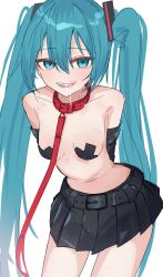 1girl aqua_eyes aqua_hair arm_warmers arms_behind_back belt belt_collar black_skirt blush breasts collar collarbone cowboy_shot cross cross_pasties cum cum_in_mouth double-parted_bangs hair_between_eyes hatsune_miku highres implied_after_fellatio leaning_forward leash long_hair looking_at_viewer miniskirt open_mouth pasties pleated_skirt red_collar simple_background skirt small_breasts solo stomach teeth thinker25075754 twintails very_long_hair vocaloid white_background