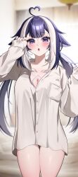 1girl absurdres ahoge animal_ears black_hair blue_nails body_markings breast_pocket breasts buttons cat_ears cleavage facial_mark fang fushi_yohaku heart heart_ahoge highres indie_virtual_youtuber long_hair multicolored_hair naked_shirt open_mouth orca_girl pocket purple_eyes shirt shylily sleeves_past_wrists solo streaked_hair virtual_youtuber white_hair white_shirt