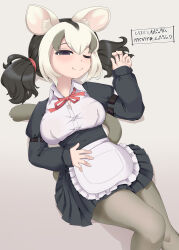 1girl apron black_corset black_dress black_eyes black_hair black_pantyhose blush bow bowtie collared_dress corset cowboy_shot dress frilled_apron frills hair_between_eyes highres juliet_sleeves kemono_friends kkkkkenzen long_sleeves lying multicolored_hair on_back one_eye_closed pantyhose pleated_dress possum_ears possum_girl possum_tail puffy_sleeves red_bow red_bowtie short_twintails sidelocks smile solo translation_request twintails two-tone_dress two-tone_hair white-eared_opossum_(kemono_friends) white_apron white_dress white_hair