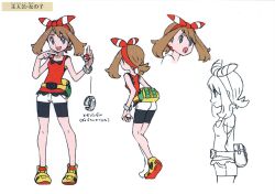 Rule 34 | 1girl, bag, bike shorts, bike shorts under shorts, bow hairband, breasts, brown hair, closed mouth, concept art, facing viewer, fanny pack, from side, hairband, holding, holding poke ball, long bangs, looking at viewer, may (pokemon), mega ring, multiple views, nintendo, official art, open mouth, poke ball, poke ball (basic), pokemon, pokemon oras, red hairband, red shirt, shirt, short shorts, shorts, shorts under shorts, simple background, small breasts, smile, solo, white background, white shorts