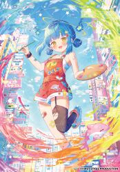 1girl :d bare_shoulders black_thighhighs blue_boots blue_hair blue_sky boots brown_eyes building cloud commentary_request criss-cross_halter day double_bun first_stage_production garter_straps hair_bun hair_ornament hairclip halterneck heart heart_hair_ornament holding holding_paintbrush ikari_(aor3507) kneehighs looking_at_viewer mochituke_nullpo official_art open_mouth outdoors overall_shorts overalls paint paint_palette paintbrush sharp_teeth sign single_kneehigh single_sock single_thighhigh sky smile socks solo star_(symbol) star_hair_ornament teeth thighhighs torn_clothes torn_thighhighs virtual_youtuber white_socks window