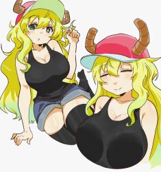 1girl absurdres baseball_cap black_tank_top blonde_hair breasts closed_eyes denim denim_shorts dragon_girl dragon_horns hat heterochromia highres horns kobayashi-san_chi_no_maidragon large_breasts long_hair lucoa_(maidragon) puppet_art seiza shorts simple_background sitting sketch smile tank_top white_background