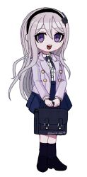 1girl bag female_focus full_body hair_between_eyes highres holding holding_bag kashimiya_karua long_hair long_sleeves looking_at_viewer open_mouth pleated_skirt purple_eyes simple_background skirt solo solo_focus standing teeth the_hundred_line_-last_defense_academy- tongue upper_teeth_only white_background